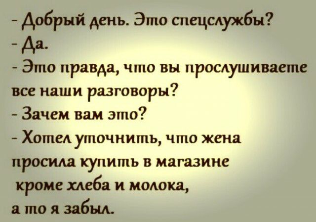 Добрый день Это спецмужбы _ дд Это правда что вы просдушиваете все наши разговоры Зачем вам это ХотеА уточнить что жена просила купить в магазине кроме хлеба и молока в то я забыл