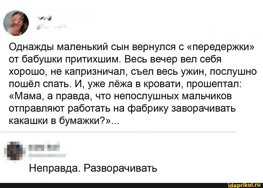 Однажды маленький сын вернулся с лередержки от бабушки притихшим Весь вечер вел себя хорошо не капризничал съел весь ужин послушно пошёл спать И уже лёжа в кровати прошептал Мама а правда что непослушных мальчиков отправляют работать на фабрику заворачивать какашки в бумажки Неправда Разворачивать