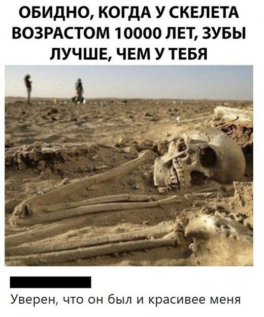 ОБИДНО КОГДА У СКЕЛЕТА ВОЗРАСТОМ 10000 ЛЕТ ЗУБЫ ЛУЧШЕ ЧЕМ У ТЕБЯ Уверен ЧТО ОН бЫЛ И красивее меня