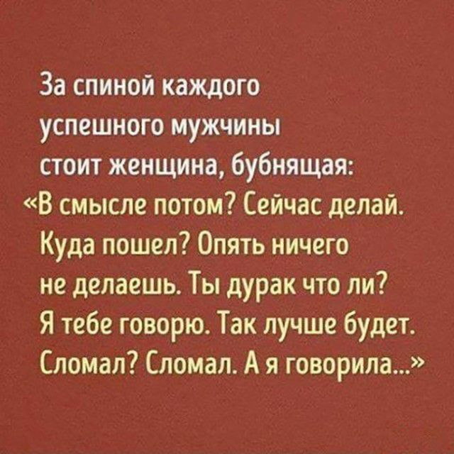За спиной каждого успешного мужчины стоит женщина бубнящая В смысле потом Сейчас делай Куда пошел Опять ничего не делаешь Ты дурак что ли Я тебе говорю Так лучше будет Сломал Сломал А я говорила