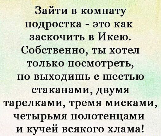 Зайти в комнату подростка это как заскочить в Икею Собственно ты хотел только посмотреть по выходишь с шестью стаканами двумя тарелками тремя мисками четырьмя полотенцами и кучей всякого хлама