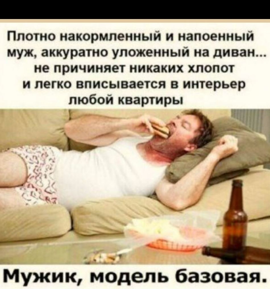 Плотно накормленный и напоенный муж аккуратно уложенный на диван не причиняет никаких хлопот и легко вписывается в интерьер любой квартиры ілгшш Мужикмодель базовая