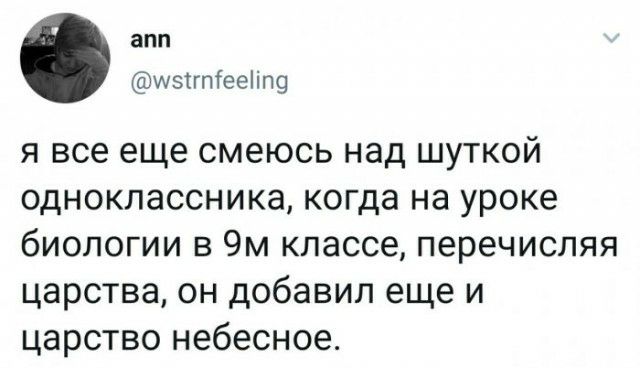 ВПП щэтгпгееііпо я все еще смеюсь над шуткой одноклассника когда на уроке биологии в 9м классе перечисляя царства он добавил еще и царство небесное