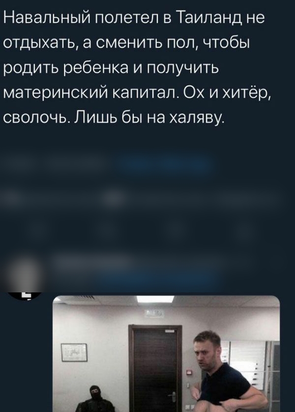 Навальный полетел в Таиланд не отдыхать а сменить поп чтобы родить ребенка и получить материнский капитал Ох и хитёр сволочь Лишь бы на халяву