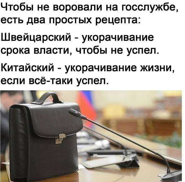 Чтобы не воровали на госслужбе есть два простых рецепта Швейцарский укорачивание срока власти чтобы не успел Китайский укорачивание жизни если всё таки успел 130