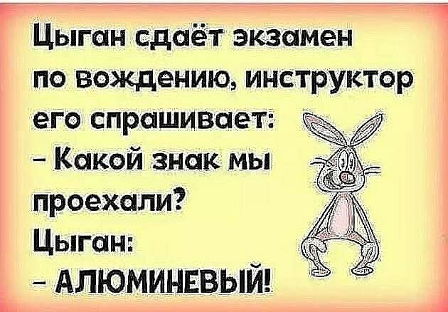 Цыган сдаёт экзамен по вождению инструктор его спрашивает Какой знак мы проехали Цыган АЛЮМИНЕВЫЙ