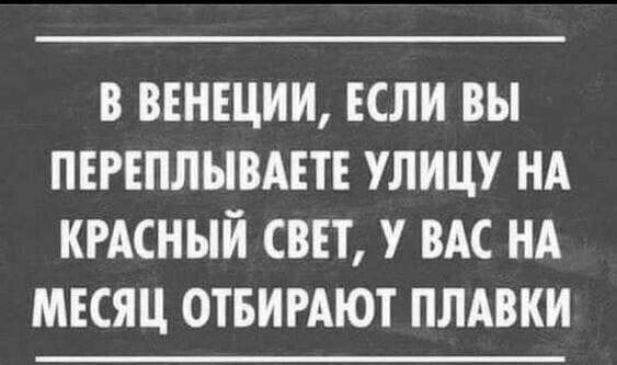 В ВЕНЕЦИИ ЕСЛИ ВЫ ПЕРЕПЛЫВАЕТЕ УЛИЦУ НА КРАСНЫЙ СВЕТ У ВАС НА МЕСЯЦ ОТБИРАЮТ ПЛАВКИ