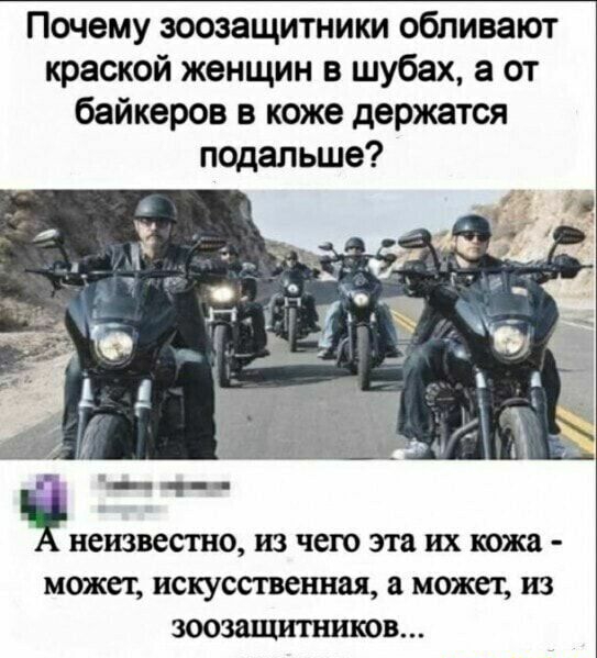 Почему зоозащитники обливают краской женщин в шубах а от байкеров в коже держатся подальше неизвестно ИЗ чего эта ИХ кожа может искусственная а может ИЗ ЗООЗаЩИПШКОВ
