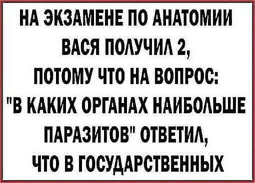 НА ЭХЗАМЕНЕ ПО АНАТОМИИ ВАСЯ ПОАУЧИА 2 ПОТОМУ ЧТО НА ВОПРОС В КАКИХ ОРГАНАХ НАИБОАЬШЕ ПАРАЗИТОВ ОТВЕТИА ЧТО В ГОСУДАРСТВЕННЫХ