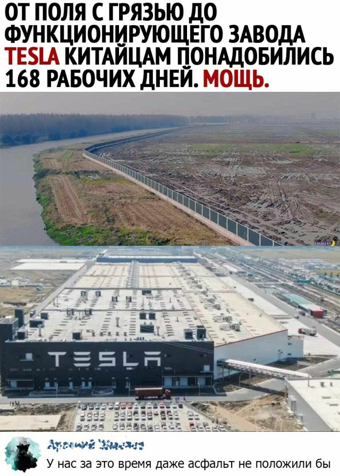 ОТ ПОЛЯ С ГРЯЗЬЮ ДО ФУНКЦИОНИРУЮЩЕГО ЗАВОДА ТЕЗЕА КИТАЙЦАМ ПОНАДОБИЛИСЬ 168 РАБОЧИХ дНЕЙ МОЩЬ _ ШЧЁ Эддъдп У нас за это время даже асфальт не положили бы