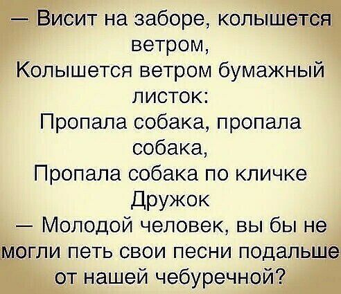 ЙСит на заборе колыш ветром Колышется ветром бумажный листок Пропала собака пропала собака Пропала собака по кличке дРУЖОК Молодой человек вы бы не огли петь свои песни подал от нашей чебуречной