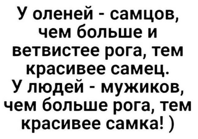 У оленей самцов чем больше и ветвистее рога тем красивее самец У людей мужиков чем больше рога тем красивее самка