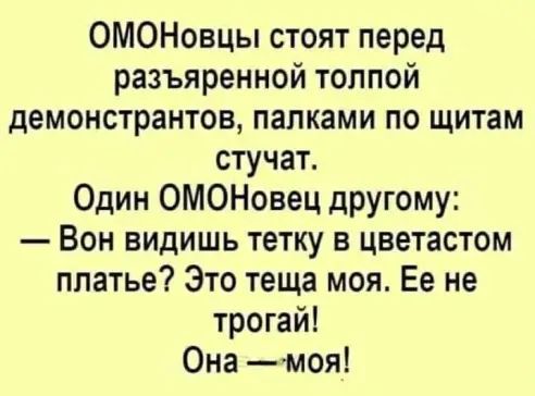 ОМОНовцы стоят перед разъяренной толпой демонстрантов папками по щитам стучат Один ОМОНовец другому Вон видишь тетку в цветастом платье Это теща моя Ее не трогай Она моя
