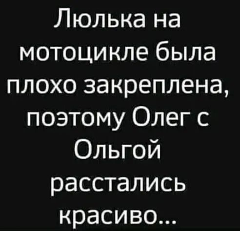 Люлька на мотоцикле была плохо закреплена поэтому Олег с Ольгой расстались красиво