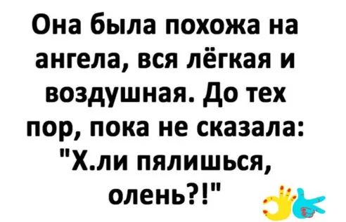 Она была похожа на ангела вся лёгкая и воздушная до тех пор пока не сказала Хли пялишься олень