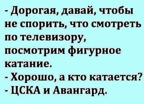 Дорогая давай чтобы не спорить что смотреть по телевизору посмотрим фигурное катание Хорошо а кто катается ЦСКА и Авангард