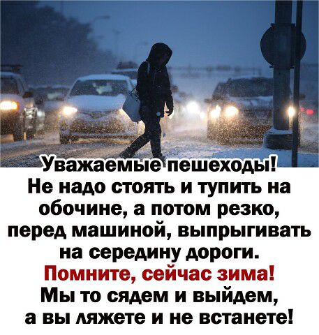 Не надо стоять и тупить на обочине а потом резко перед машиной выпрыгивать на середину дороги Помните сейчас зима Мы то сядем и выйдем а вы ляжете и не встанете