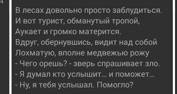 В лесах довольно просто заблудиться И вот турист обманутый тропой Аукает и громко матерится Вдруг обернувшись видит над собой Лохматую вполне медвежью рожу Чего орешь зверь спрашивает зло Я думал кто услышит и поможет Ну я тебя услышал Помогло