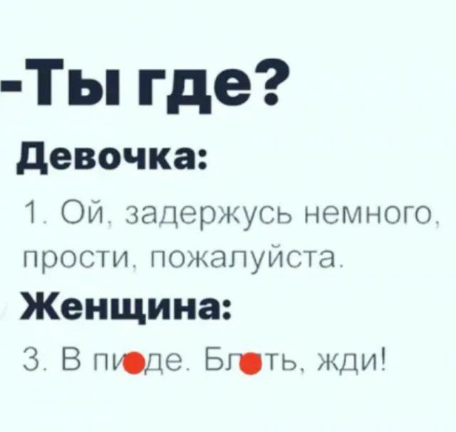 Ты где девочка 1 Ой задержусь немного прости пожалуйста Женщина 3 В пюде Бить жди