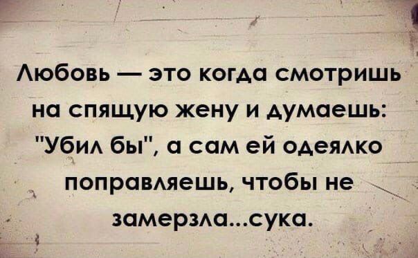 Аюбовь это когда смотришь на спящую жену и думаешь УбИА бы а сам ей одеяАко поправяешь чтобы не замерзАасука