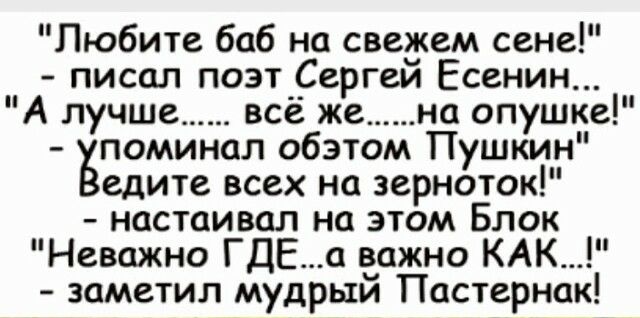 Любите баб на свежем сене писал поэт Сергей Есенин А лучше всё же на опушке Бпоминал обэтом Пушкин едите всех на зерноток настаивал на этом Блок Неважно ГДЕа важно КАК заметил мудрый Пастернак