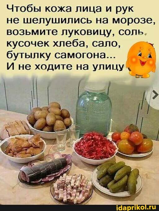 Чтобы кожа лица и рук не шепушипись на морозе возьмите луковицу соль кусочек хлеба сало бутылку самогона 65 ы И не ходите на улицу ы