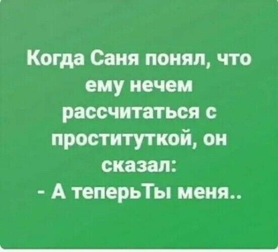 Когда Саня понял что ему нечем рассчитаться с проституткой он сказал А теперьТы меня