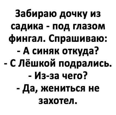 Забираю дочку из садика под глазом фингал Спрашиваю А синяк откуда С Лёшкой подрались Из за чего да жениться не захотел