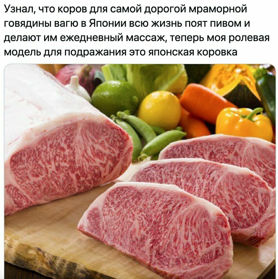 Узнал что коров для самой дорогой мраморной говядины вагю в Японии всю жизнь поят пивом и делают им ежедневный массаж теперь моя ролевая модель для подражания это японская коровка