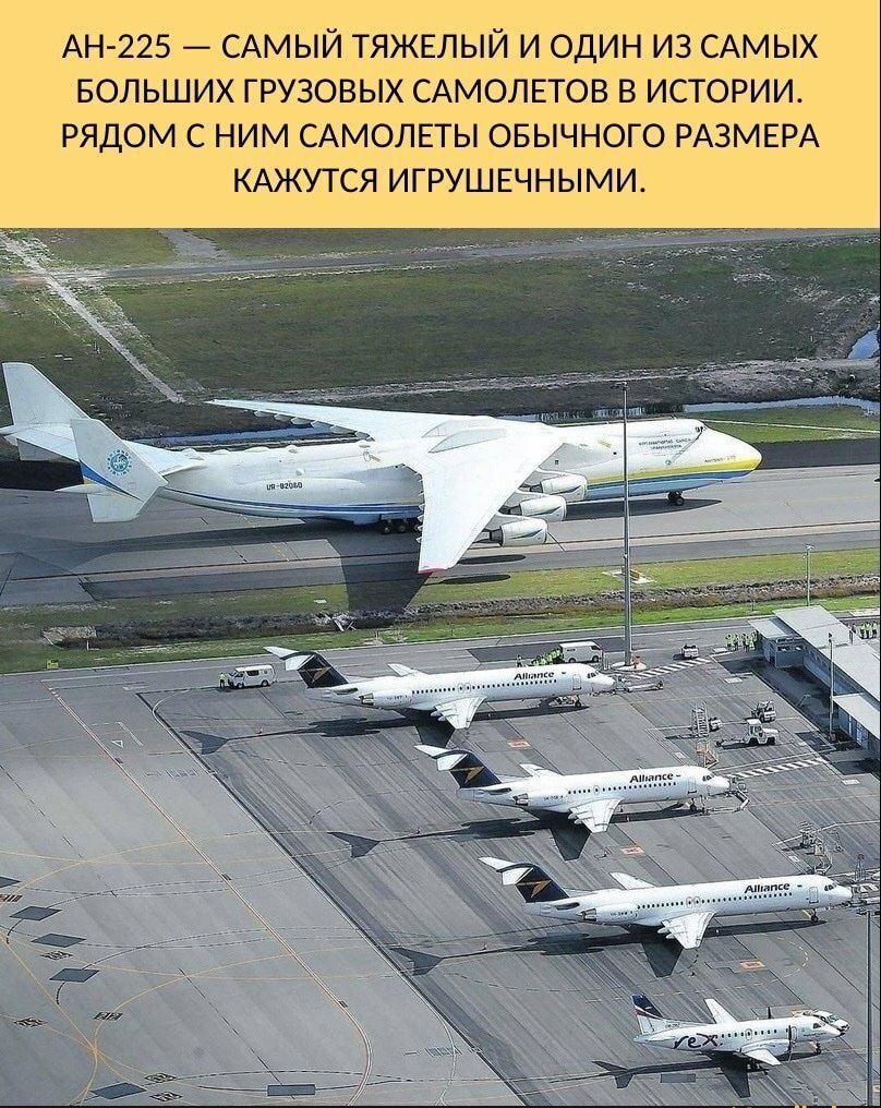 АН 225 САМЫЙ ТЯЖЕЛЫЙ И ОДИН ИЗ САМЫХ БОЛЬШИХ ГРУЗОВЫХ САМОЛЕТОВ В ИСТОРИИ РЯДОМ С НИМ САМОЛЕТЫ ОБЫЧНОГО РАЗМЕРА КАЖУТСЯ ИГРУШЕЧНЫМИ