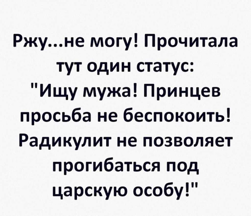 Ржуне могу Прочитала тут один статус Ищу мужа Принцев просьба не беспокоить Радикулит не позволяет прогибаться под царскую особу