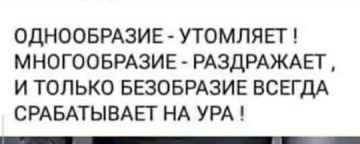 ОДНООБРАЗИЕ УТОМЛЯЕТ МНОГООБРАЗИЕ РАЗДРАЖАЕГ И ТОЛЬКО БЕЗОБРАЗИЕ ВСЕГДА СРАБАТЫВАЕТ НА УРА