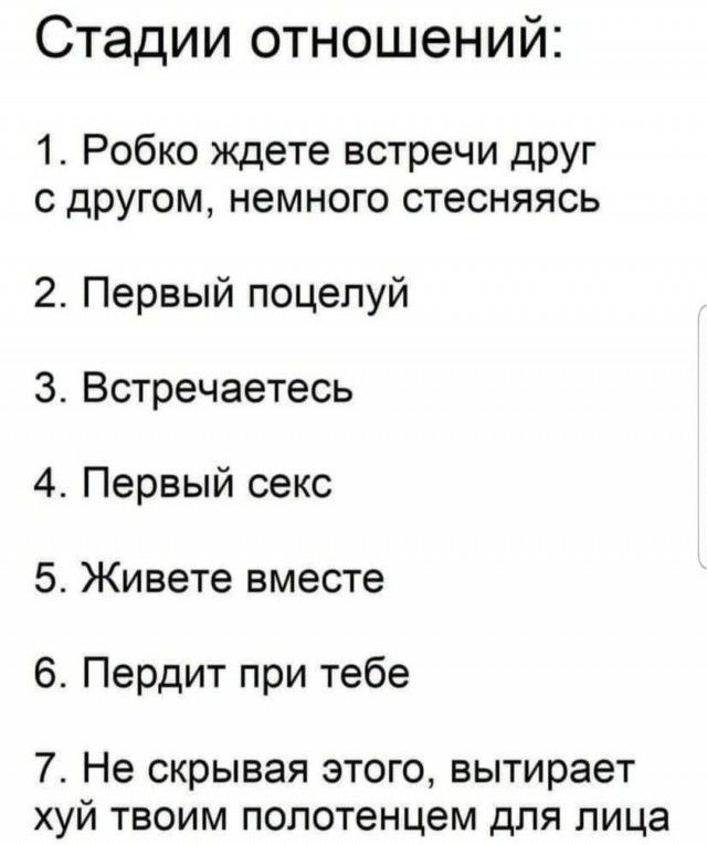Стадии отношений 1 Робко ждете встречи друг с другом немного стесняясь 2 Первый поцелуй 3 Встречаетесь 4 Первый секс 5 Живете вместе 6 Пердит при тебе 7 Не скрывая этого вытирает хуй твоим полотенцем для лица