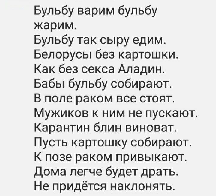 Бульбу варим бульбу жарим Бульбу так сыру едим Белорусы без картошки Как без секса Аладин Бабы бульбу собирают В поле раком все стоят Мужиков к ним не пускают Карантин блин виноват Пусть картошку собирают К позе раком привыкают Дома легче будет драть Не придётся наклонять