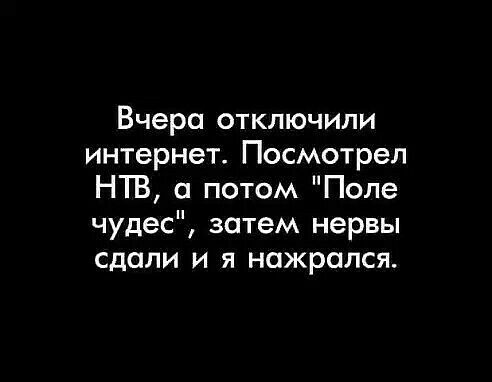 Вчера отключили интернет Посмотрел НТВ потом Поле чудес затем нервы сдали и я нажрался