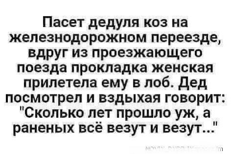 Пасет дедуля коз на железнодорожном переезде вдруг из проезжающего поезда прокладка женская прилетела ему в лоб дед посмотрел и вздыхая говорит Сколько лет прошло уж в раненых всё везут и везут