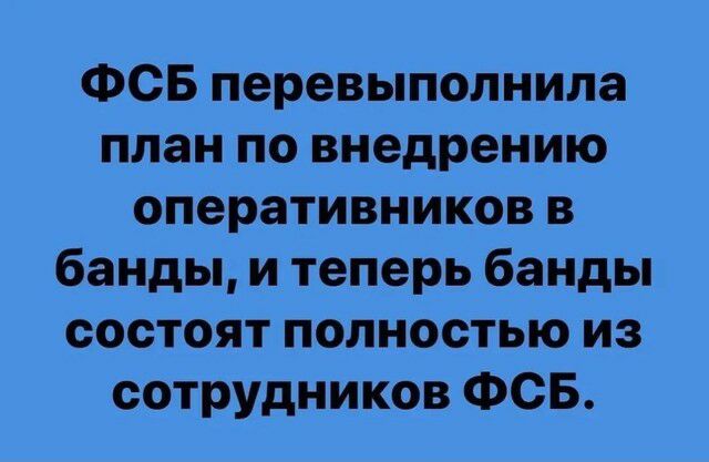 ФСБ перевыполнила план по внедрению оперативников в банды и теперь банды состоят полностью из сотрудников ФСБ