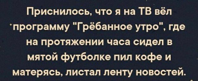 Приснилось что я на ТВ вёл программу Грёбанное утро где на протяжении часа сидел в мятой футболке пил кофе и матерясь листал ленту новостей