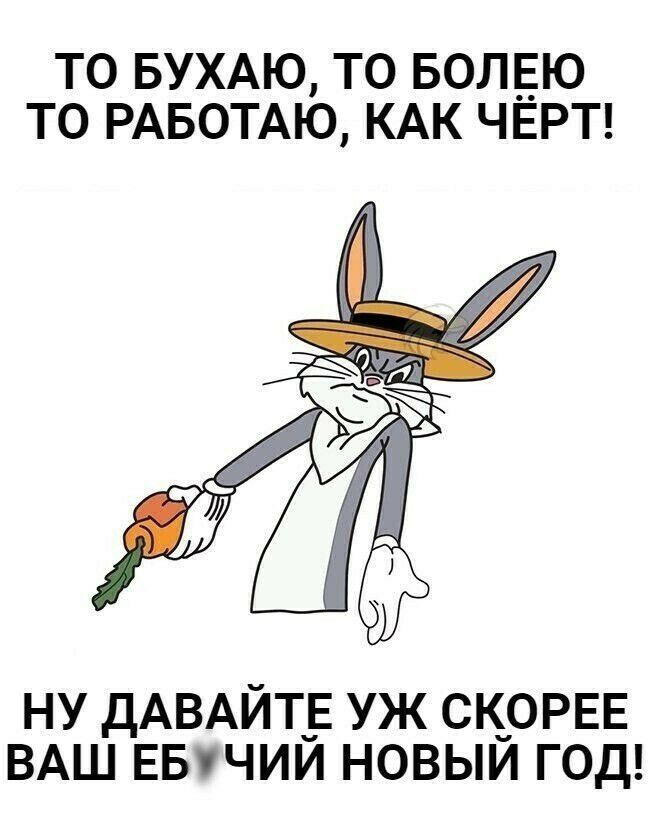 ТО БУХАЮ ТО БОЛЕЮ ТО РАБОТАЮ КАК ЧЁРТ НУ ДАВАЙТЕ УЖ СКОРЕЕ ВАШ ЕБЧИЙ НОВЫЙ ГОД