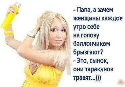 Папа а зачем женщины каждое утро себе на голову баллончиком брызгают Это сынок они тараканов травят