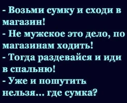Возьми сумку и сходи в магазин Не мужское это дело по магазинам ходить Тогда раздевайся и иди в спальню Уже и пошутить нельзя где сумка