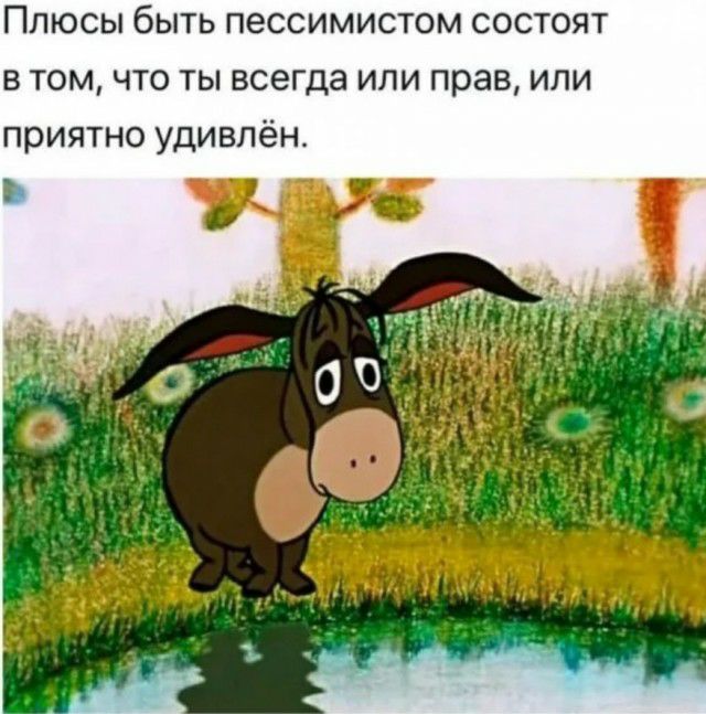 ПЛЮСЫ бЫТЬ ПЕССИМИСТОМ СОСТОЯТ В ТОМ ЧТО ТЫ ВСЭГДЭ ИЛИ прав ИЛИ ПЭИЯТНО УДИВЛёН