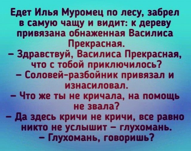 Едет Илья Муромец по лесу забрел в самую чащу и видит к дереву привязана обнаженная Василиса Прекрасная Здравствуй Василиса Прекрасная что с тобой приключилось Соловейразбойник привязал и изнасиловал Что же ты не кричала на помощь 1 не звала а Я здесь кричи не кричи все никто не услышит глухомаиь Глухоиань говоришь