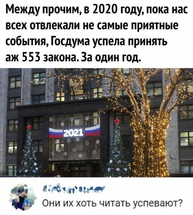Между прочим в 2020 году пока нас всех отвлекали не самые приятные события Госдума успела принять аж 553 закона За один год с ним Они их хоть читать успевают