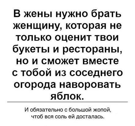 В жены нужно брать женщину которая не только оценит твои букеты и рестораны но и сможет вместе с тобой из соседнего огорода наворовать яблок И обязательно с большой жопой чтоб вся соль ей досталась