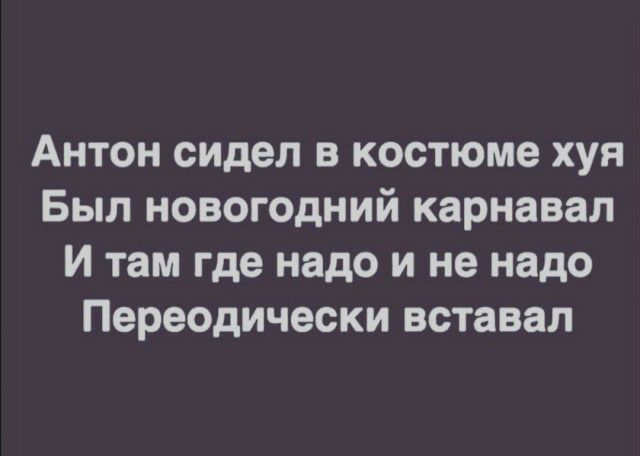 Антон сидел в костюме хуя Был новогодний карнавал И там где надо и не надо Переодически вставал