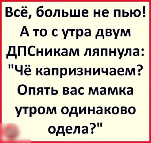 Всё больше не пью А то с утра двум дПСникам ляпнула Чё капризничаем Опять вас мамка утром одинаково одела