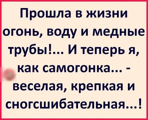 Прошла в жизни огонь воду и медные трубы И теперь я как самогонка веселая крепкая и сногсшибательная