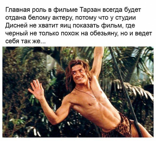 Главная роль в фильме Тарзан всегда будет отдана белому актеру потому что у студии дисней не хватит яиц показать фильм где черный не только похож на обезьяну но и ведет себя так же