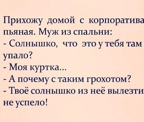 Прихожу домой с корпоратива пьяная Муж из спальни Солнышко что это у тебя там упало Моя куртка А почему с таким грохотом Твоё солнышко из неё вылезти не успело